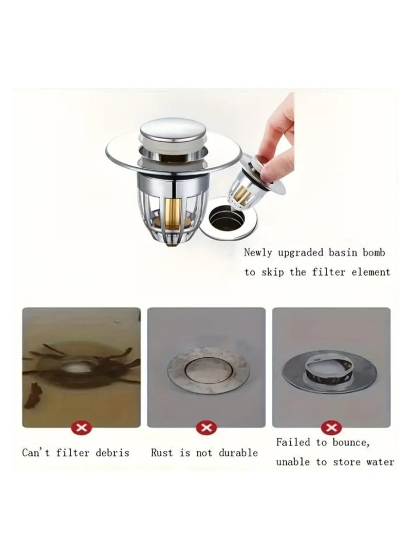 LDQ Stainless Steel Pop-Up Sink Drain Strainer - Multifunctional Basket Filter with Anti-Clogging Design, Press-Type Core for Easy Cleaning, White & Golden Finish, Bathroom & Kitchen Accessory, Hair Catcher, Sleek Metallic Finish, Durable Metal Construction - Image 3
