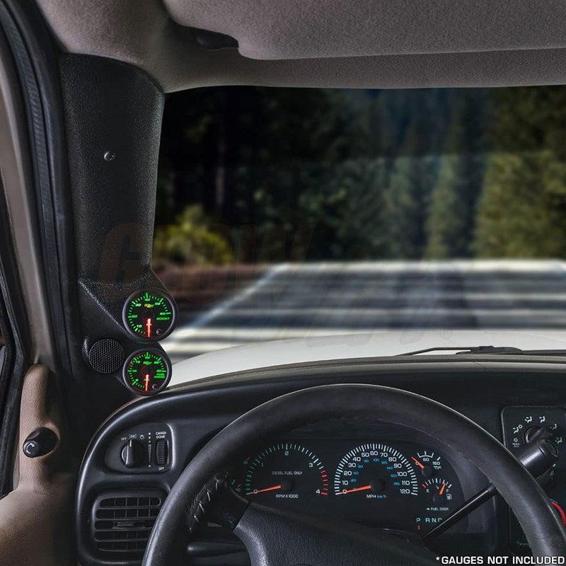 GLOWSHIFT Black Full Size Dual Pillar Gauge Pod Compatible with Dodge Ram Cummins 1500 2500 3500 1998-2002 - Factory A-Pillar Speaker Cutout - ABS Plastic - Mounts (2) 2-1/16" (52mm) Gauges - Image 2