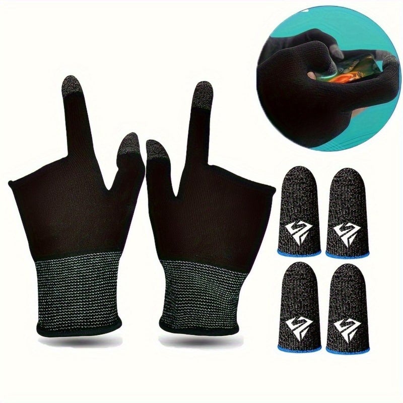 Gaming Finger Sleeves Black 2pcs Gloves and 4 Finger Glove Breathable Anti Slip Nylon Material for Mobile Gaming Cycling - Image 5