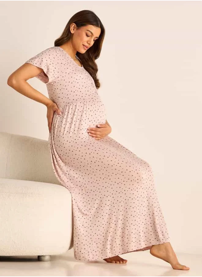 فاف Printed Maternity Night Dress with Round Neck and Short Sleeves