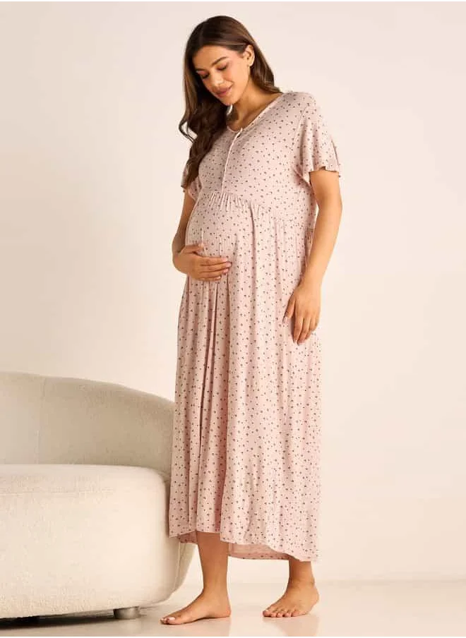 فاف Printed Maternity Night Dress with Round Neck and Short Sleeves