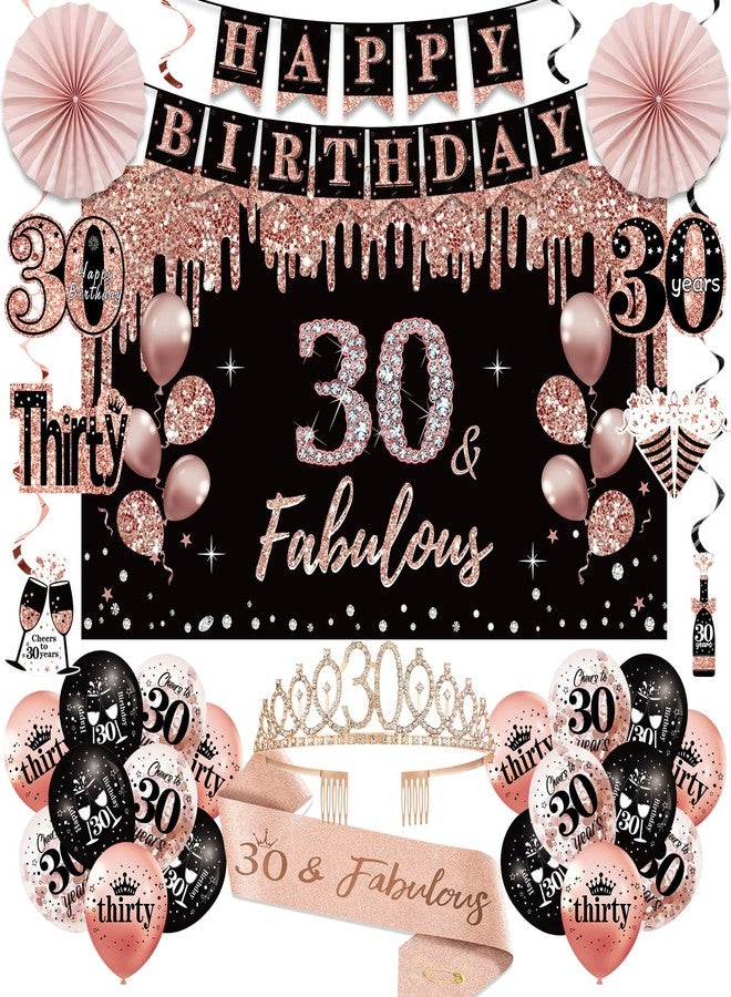 Uiorgui 30th Birthday Decorations for Women, 33pcs 30th Birthday Crown and Sash, Black Rose Gold Happy 30th Birthday Banner Balloons Backdrop Hanging Swirls Paper Fans, 30 Years Old Birthday Decorations Kit - Image 1