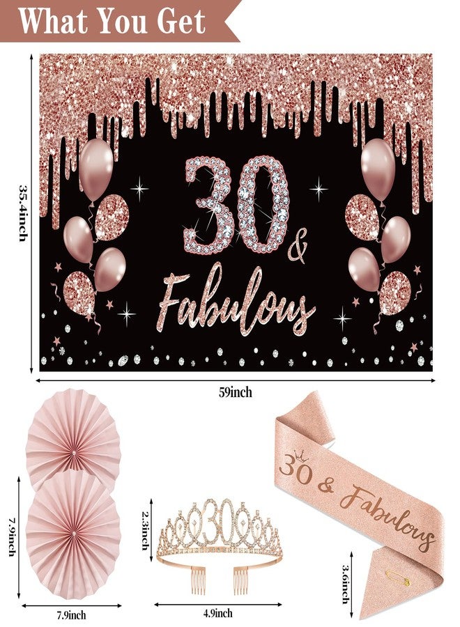 Uiorgui 30th Birthday Decorations for Women, 33pcs 30th Birthday Crown and Sash, Black Rose Gold Happy 30th Birthday Banner Balloons Backdrop Hanging Swirls Paper Fans, 30 Years Old Birthday Decorations Kit - Image 3