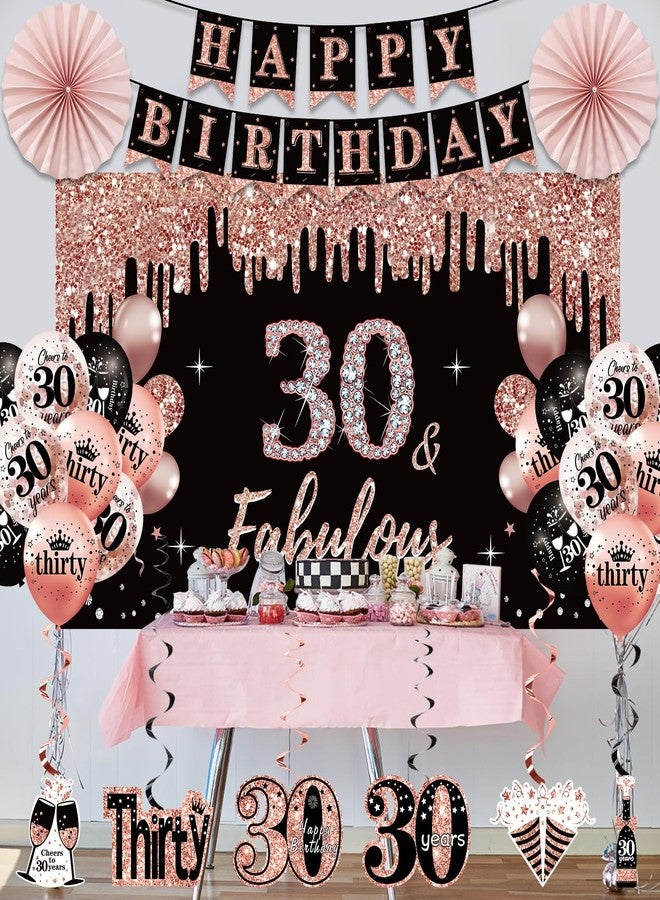 Uiorgui 30th Birthday Decorations for Women, 33pcs 30th Birthday Crown and Sash, Black Rose Gold Happy 30th Birthday Banner Balloons Backdrop Hanging Swirls Paper Fans, 30 Years Old Birthday Decorations Kit - Image 5