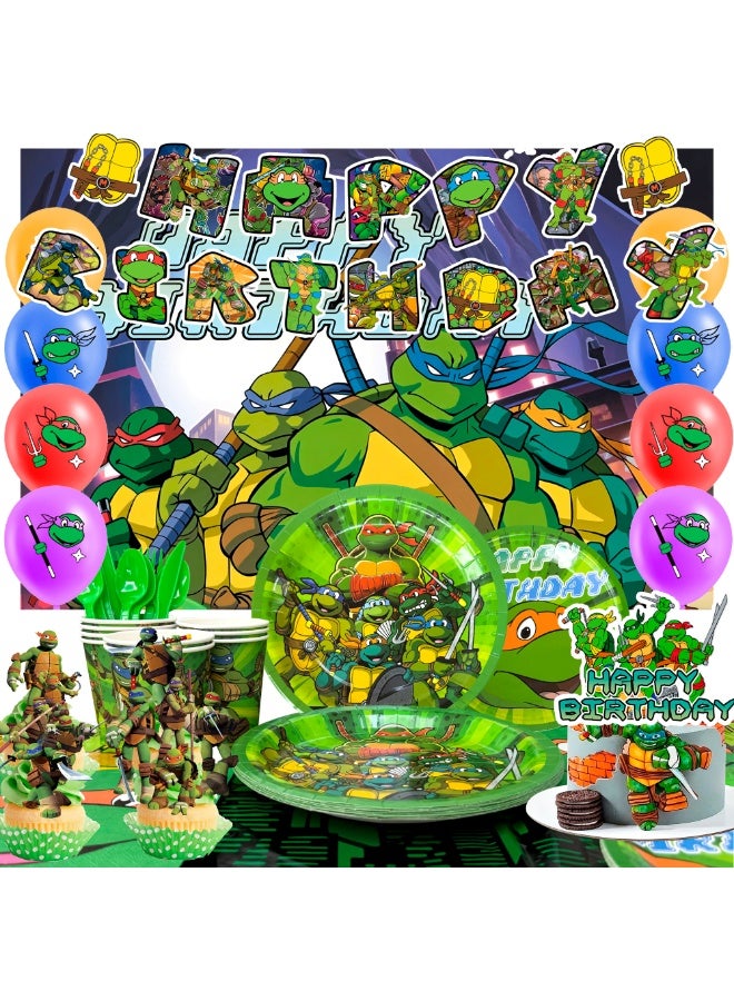 ILovhaprty Teenage Mutant Ninja Turtles Birthday Party Decorations for 10 Guests, 98pcs Ninja Turtles Party Tableware Set - TMNT Backdrop Balloon Banner Tablecloth Cake Toppers etc TMNT Party Supplies - Image 1