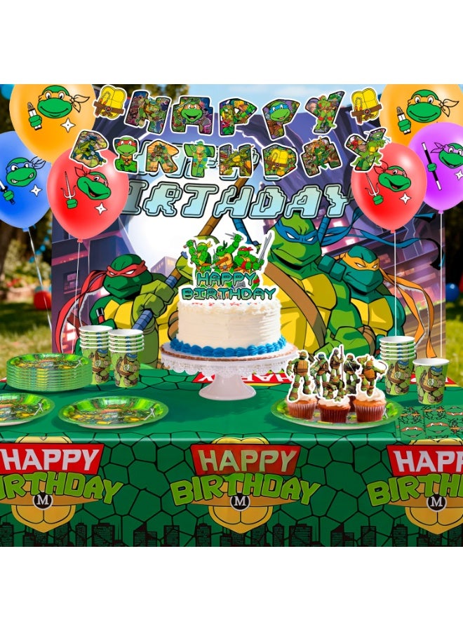 ILovhaprty Teenage Mutant Ninja Turtles Birthday Party Decorations for 10 Guests, 98pcs Ninja Turtles Party Tableware Set - TMNT Backdrop Balloon Banner Tablecloth Cake Toppers etc TMNT Party Supplies - Image 3