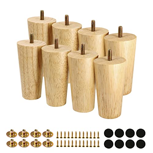 FoDau770 Rubber Wood Furniture Legs 4 Inches, Straight Tapered Wood Feet Mid Century Sofa Legs Set of 8, 5/16" UNC Furniture Feet Replacement Parts for Cabinet Couch Dresser Chair Ottoman Table - Image 1