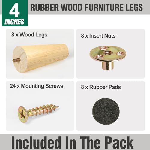 FoDau770 Rubber Wood Furniture Legs 4 Inches, Straight Tapered Wood Feet Mid Century Sofa Legs Set of 8, 5/16" UNC Furniture Feet Replacement Parts for Cabinet Couch Dresser Chair Ottoman Table - Image 2