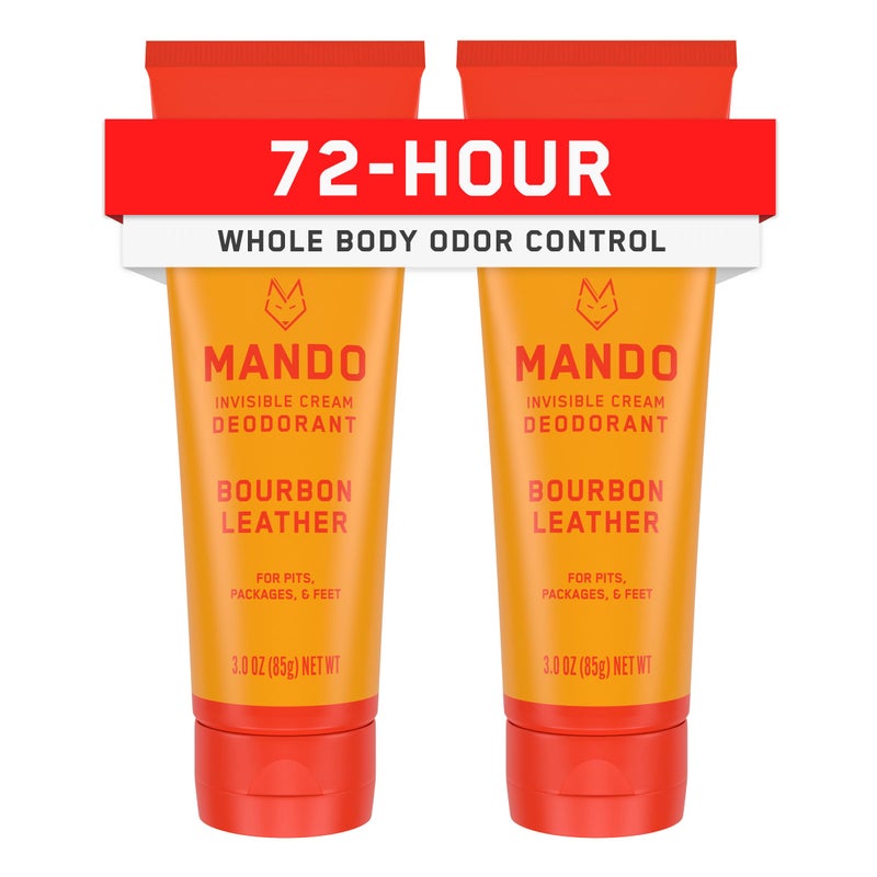 Mando Whole Body Deodorant For Men - Invisible Cream - 72 Hour Odor Control - Aluminum Free, Baking Soda Free, Skin Safe - 3 Ounce Tube (Pack of 2) - Bourbon Leather - Image 1