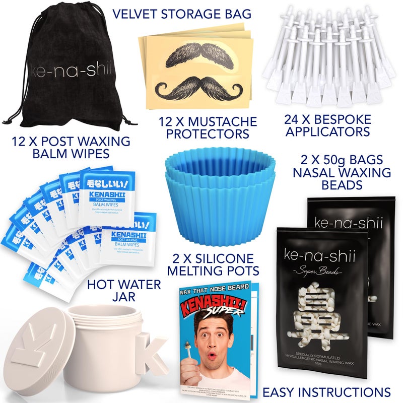 Kenashii Super Nose Waxing Kit | 100g Wax, 24 Applicators | No Microwave Required | Ear Hair Removal | For Men and Women | 12 Balm Wipes, Mustache Guards, Storage Bag - Image 3