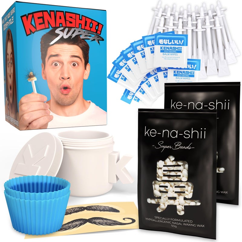 Kenashii Super Nose Waxing Kit | 100g Wax, 24 Applicators | No Microwave Required | Ear Hair Removal | For Men and Women | 12 Balm Wipes, Mustache Guards, Storage Bag - Image 1