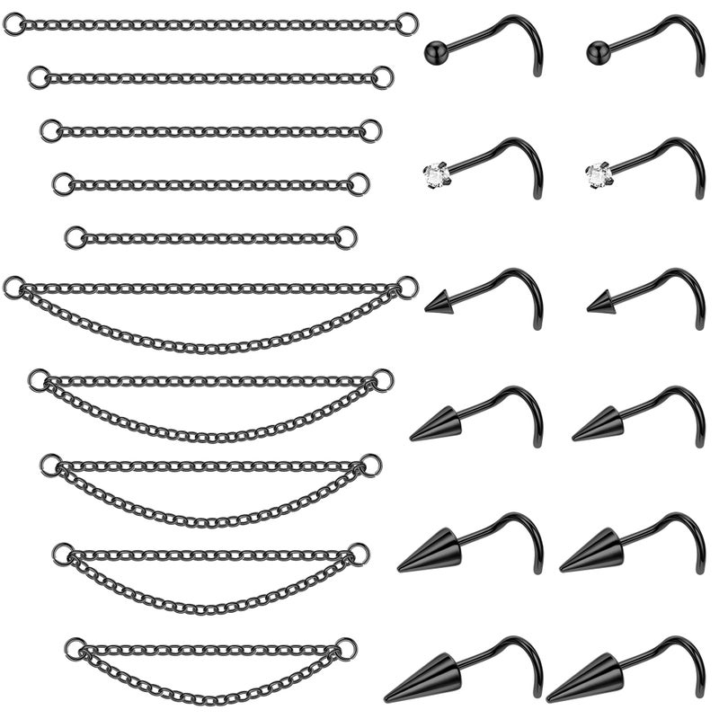 LOREMOW 22Pcs 20G Surgical Steel Nose Ring Chain Nose Ring Stud for Women Men Double Nose Chain Piercing Across Nose Spike Ball CZ Nose Studs Nostril Piercing Jewelry S Black - Image 1