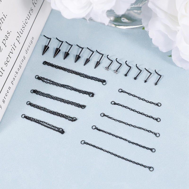 LOREMOW 22Pcs 20G Surgical Steel Nose Ring Chain Nose Ring Stud for Women Men Double Nose Chain Piercing Across Nose Spike Ball CZ Nose Studs Nostril Piercing Jewelry S Black - Image 4