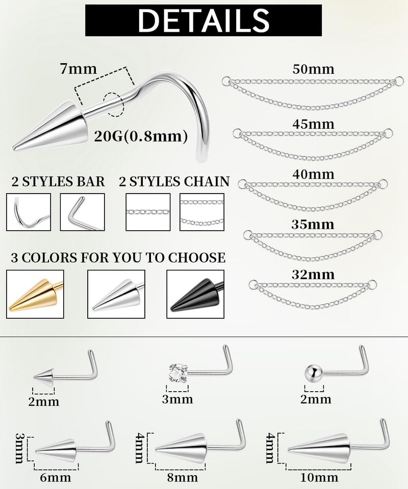 LOREMOW 22Pcs 20G Surgical Steel Nose Ring Chain Nose Ring Stud for Women Men Double Nose Chain Piercing Across Nose Spike Ball CZ Nose Studs Nostril Piercing Jewelry S Black - Image 3