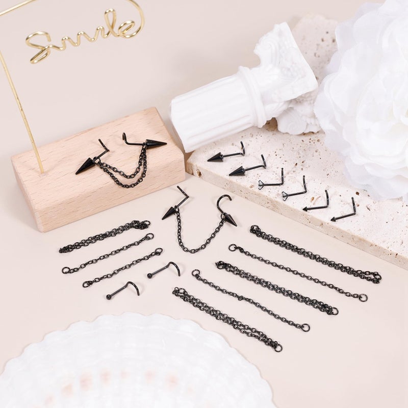 LOREMOW 22Pcs 20G Surgical Steel Nose Ring Chain Nose Ring Stud for Women Men Double Nose Chain Piercing Across Nose Spike Ball CZ Nose Studs Nostril Piercing Jewelry S Black - Image 2