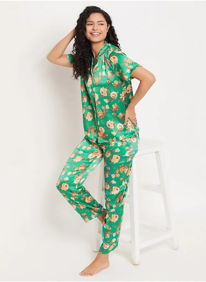 كلوفيا Clovia Pretty Florals Button Down Shirt & Pyjama Set in Sea Green - Satin