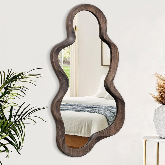 LARGE ASYMMETRICAL MIRRORS FOR WALL WOOD FRAME IRREGULAR MIRROR UNIQUE CLOUD WAVY MIRROR MODERN LIVING ROOM BEDROOM VANITY ENTRYWAY HALLWAY DECORATIVE ARTISTIC WALL MIRROR