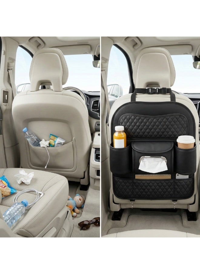 Manful Car Back Seat Organizer with Tissue Box Holder & Cup Holders – PU Leather Storage Pocket, Kick Mats Protector (Black) - Image 4