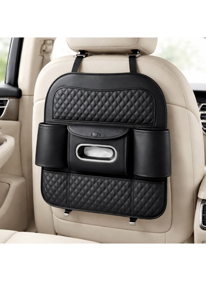 Manful Car Back Seat Organizer with Tissue Box Holder & Cup Holders – PU Leather Storage Pocket, Kick Mats Protector (Black) - Image 2