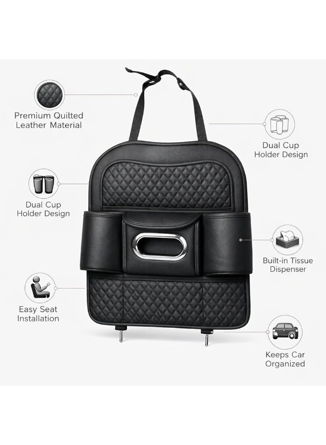 Manful Car Back Seat Organizer with Tissue Box Holder & Cup Holders – PU Leather Storage Pocket, Kick Mats Protector (Black) - Image 5