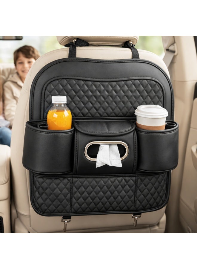 Manful Car Back Seat Organizer with Tissue Box Holder & Cup Holders – PU Leather Storage Pocket, Kick Mats Protector (Black) - Image 3