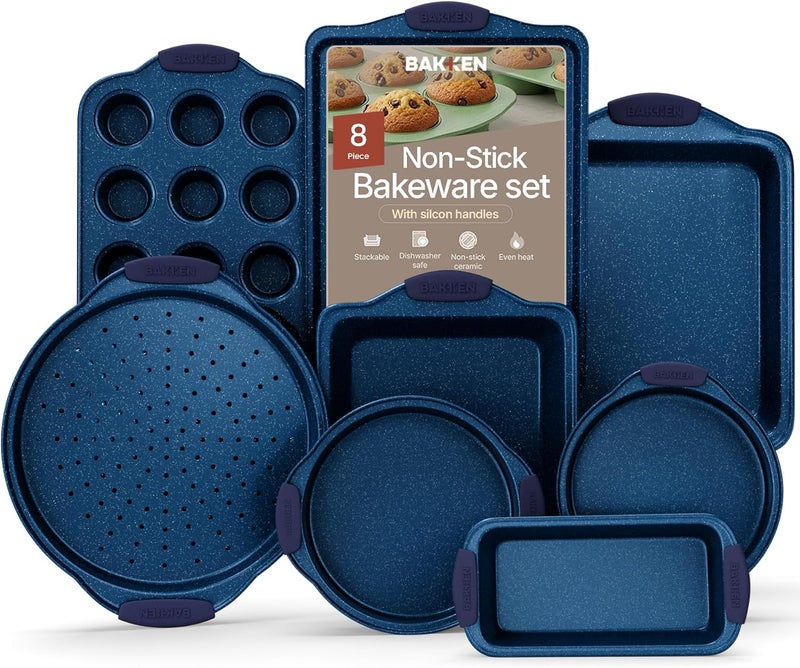 BAKKENMASTER BAKKEN Kitchen Baking Pan Set - Nonstick Coating, Carbon Steel Bakeware Sets with Blue Silicone Handles, Baking Kitchen Essentials, PFOA, PFOS, PTFE Free, Oven Safe Tray (Up To 450° F), Set of 8 - Image 1