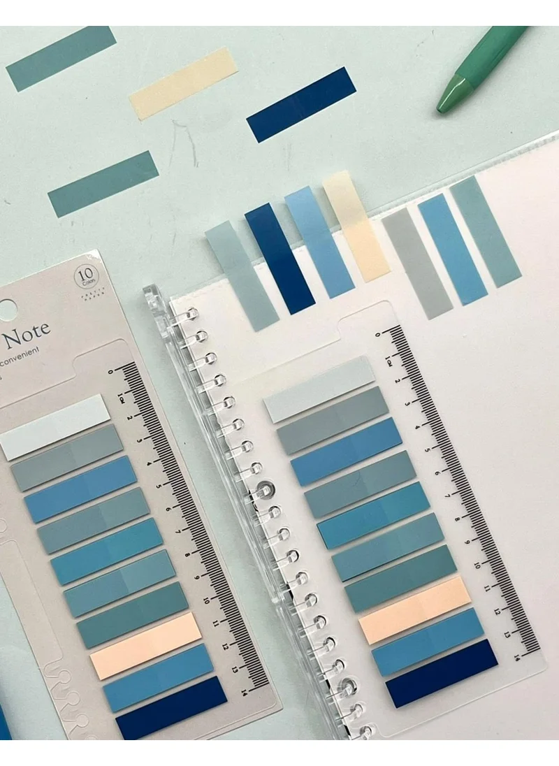 Kağıt Gemi Dükkan Paper Ship Shop 10 Different Colors Blue Shades Transparent Index Page Sticker with Colored Ruler