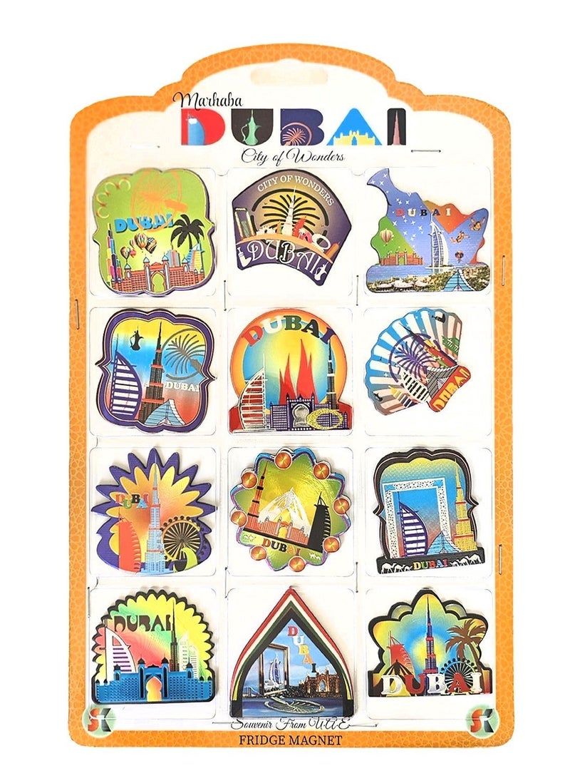 Souvenir Souq Set of 12 Dubai foil magnets featuring multiple patterns and vibrant  Skyline designs—perfect as souvenirs, gifts, or home décor. - Image 1