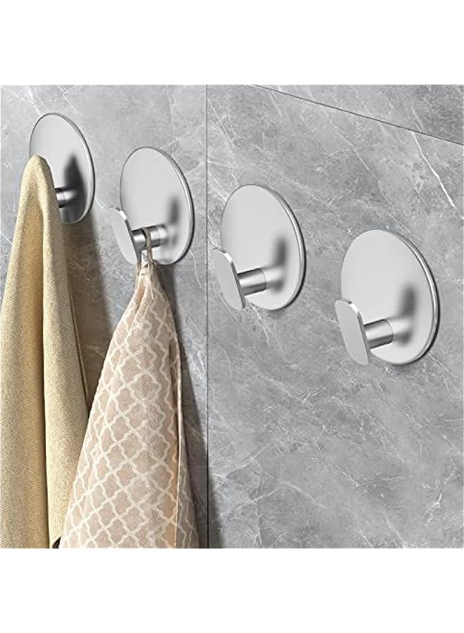 MIXDE Towel Hooks for Bathroom,  4 Pack Adhesive Hooks, Stainless Steel Shower Hooks, Round Wall Hook Holder for Hanging Robe, Coat, Clothes, Hat, Key in Washroom Kitchen Hotel (Silver) - Image 1