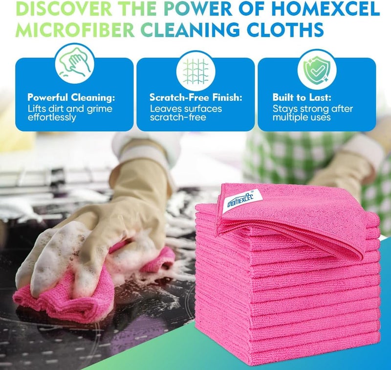 HOMEXCEL Pink Microfiber Cleaning Cloths 12 Pack, 12.5 x 12.5 inch Microfiber Towel for Cars, Ultra Absorbent Car Washing Cloth, Lint Free Streak Free Cleaning Rags for Car, Kitchen, and Window - Image 2