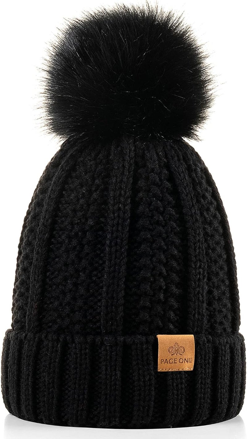 PAGE ONE Womens Winter Thick Cable Knit Beanie Faux Fur Pom Hat Fleece Lined Skull Cap - Image 1