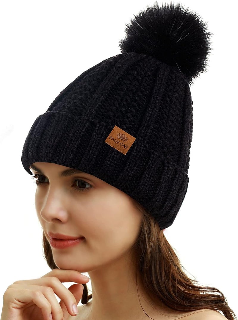 PAGE ONE Womens Winter Thick Cable Knit Beanie Faux Fur Pom Hat Fleece Lined Skull Cap - Image 2