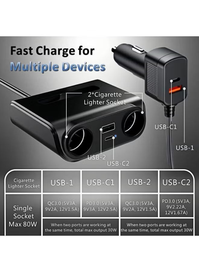 محول شاحن السيارات، مُجزِّع لشمعة السيارة بقدرة 120 واط، شاحن هواتف USB مع دعم QC 3.0 و PD ومقابس للشامات 2، منفذ محول لضوء السيارة 12 فولت / 24 فولت مع مقياس جهد LED، شحن سريع للهاتف - Image 3