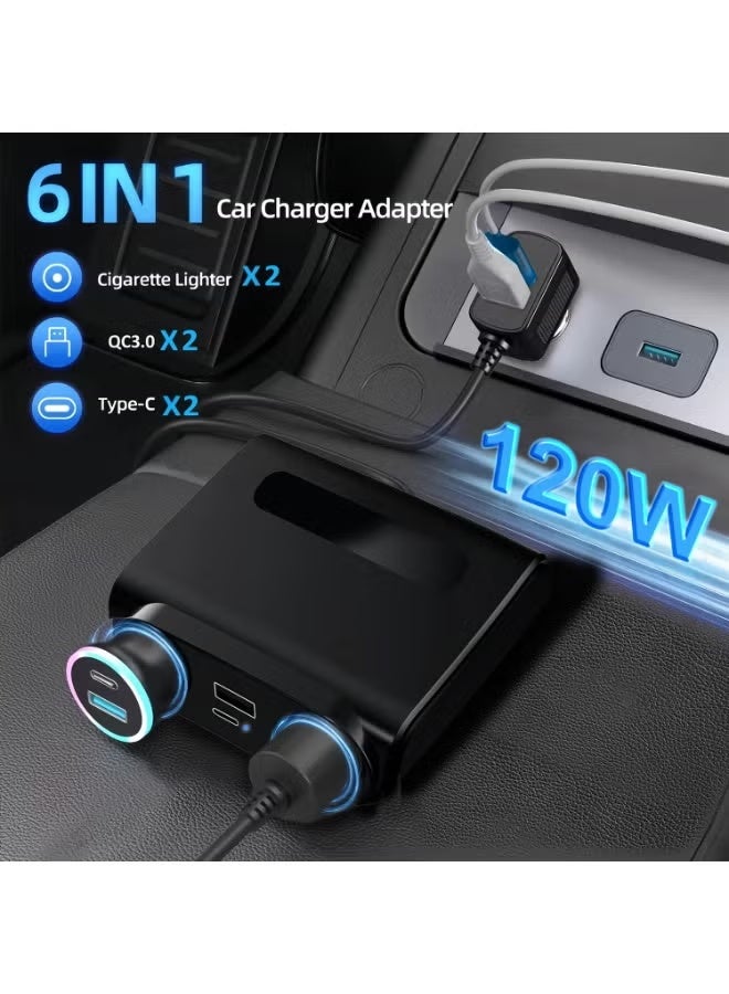 محول شاحن السيارات، مُجزِّع لشمعة السيارة بقدرة 120 واط، شاحن هواتف USB مع دعم QC 3.0 و PD ومقابس للشامات 2، منفذ محول لضوء السيارة 12 فولت / 24 فولت مع مقياس جهد LED، شحن سريع للهاتف - Image 2