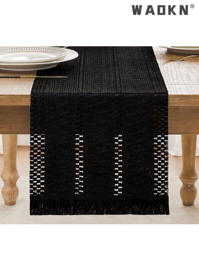 WAOKN Black Table Runner with Long Tassels, Elegant Table Scarf for Dining Tables, Adds a Touch of Sophistication to Your Home Decor, Ideal for Everyday Use and Special Occasions, 30*183 cm - Image 2
