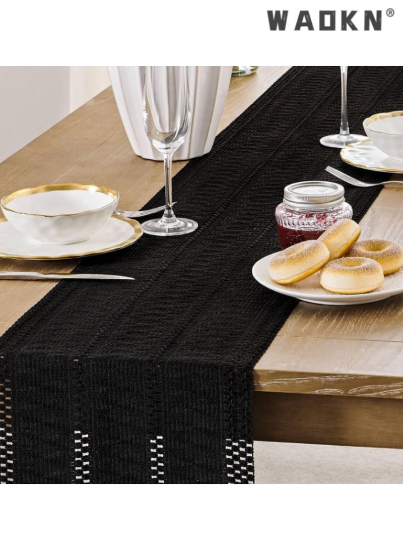 WAOKN Black Table Runner with Long Tassels, Elegant Table Scarf for Dining Tables, Adds a Touch of Sophistication to Your Home Decor, Ideal for Everyday Use and Special Occasions, 30*183 cm - Image 3