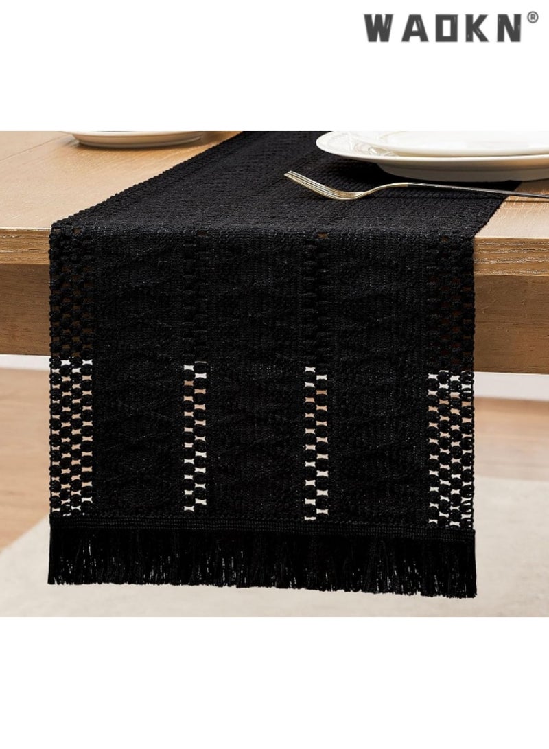 WAOKN Black Table Runner with Long Tassels, Elegant Table Scarf for Dining Tables, Adds a Touch of Sophistication to Your Home Decor, Ideal for Everyday Use and Special Occasions, 30*183 cm - Image 1