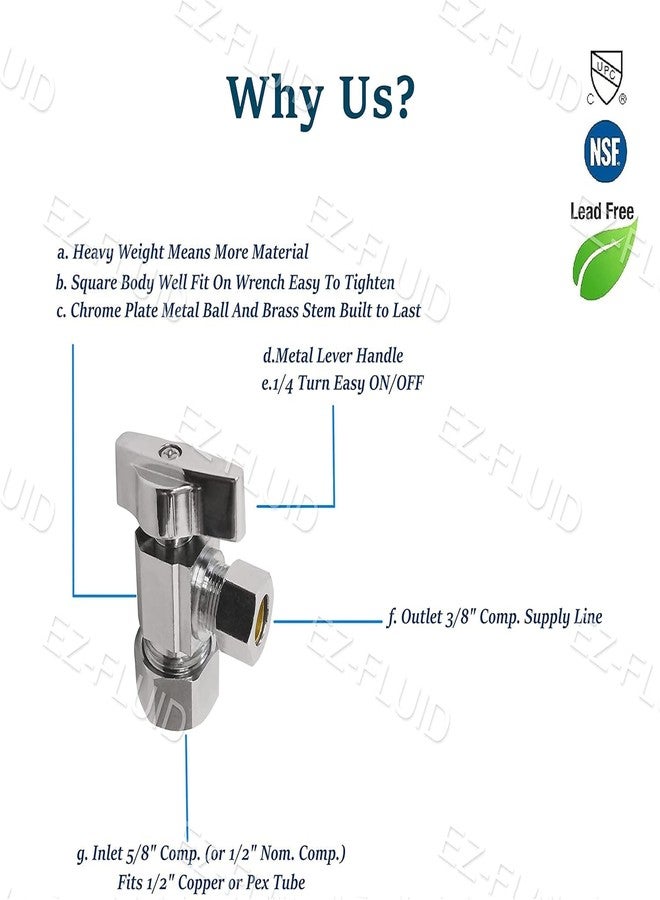 EZ-FLUID (1) صمام إيقاف زاوية EZ-Fluid عالي التحمل مقاس 1/2 بوصة (5/8 بوصة OD Comp) × 3/8 بوصة OD Comp، ومقبض 1/4 دورة، وصمام كروي لإغلاق المياه من الكروم والنحاس لأنابيب المياه والحمام والمطبخ - Image 4