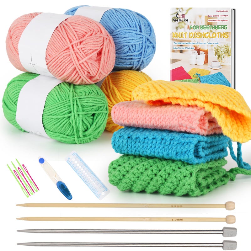 Aeelike Knitting Kit for Beginners, Complete Beginner Crochet Kit Easy Including Knitting Needles Set Cotton Yarn, Learn to Knit Dishcloth with Step-by-Step Instructions, Colorful - Image 1