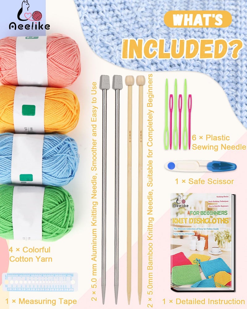 Aeelike Knitting Kit for Beginners, Complete Beginner Crochet Kit Easy Including Knitting Needles Set Cotton Yarn, Learn to Knit Dishcloth with Step-by-Step Instructions, Colorful - Image 2