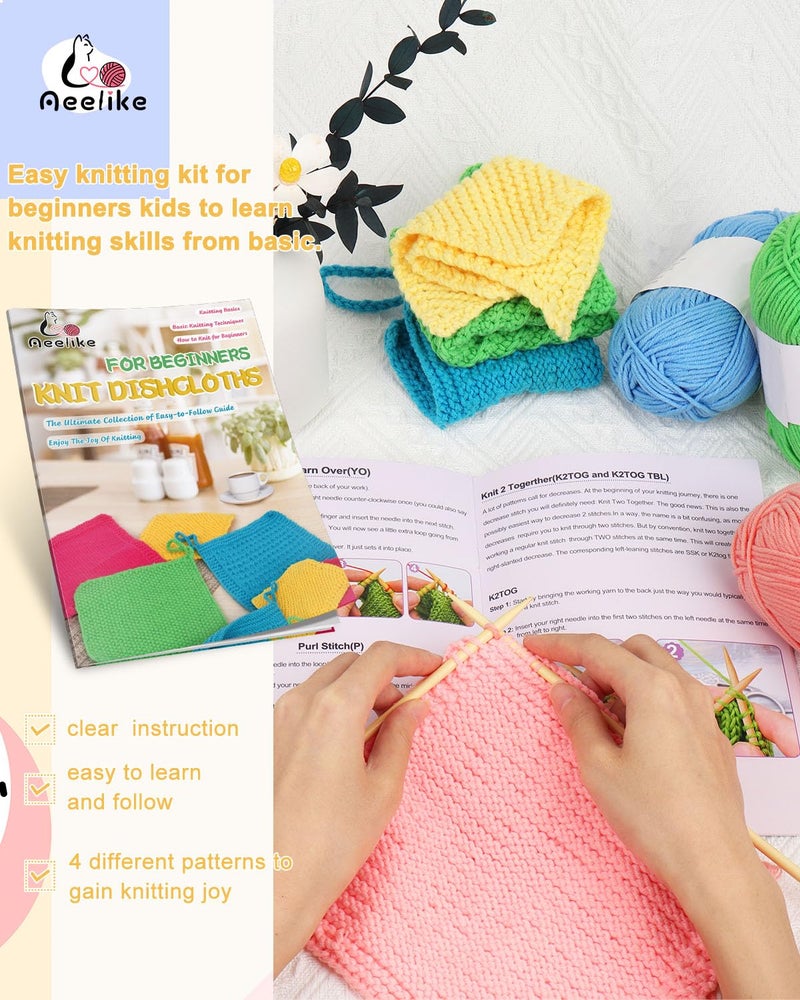 Aeelike Knitting Kit for Beginners, Complete Beginner Crochet Kit Easy Including Knitting Needles Set Cotton Yarn, Learn to Knit Dishcloth with Step-by-Step Instructions, Colorful - Image 3