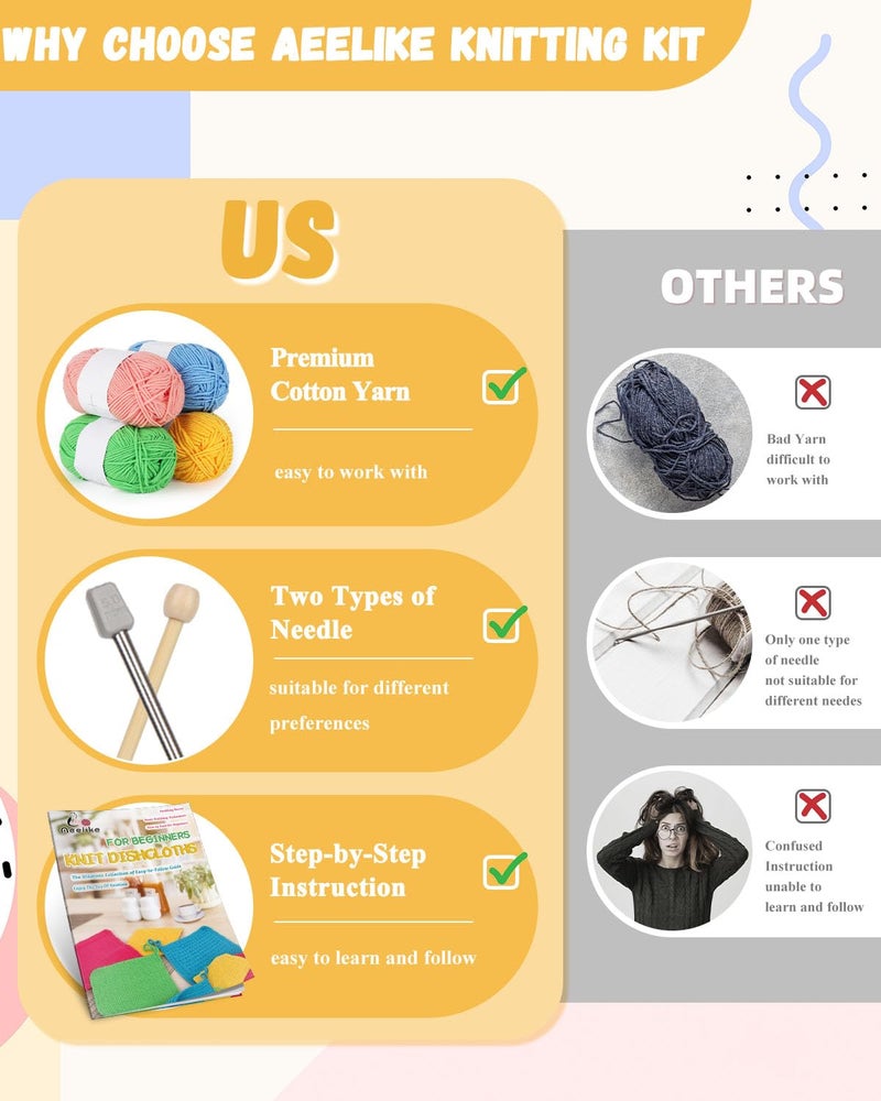 Aeelike Knitting Kit for Beginners, Complete Beginner Crochet Kit Easy Including Knitting Needles Set Cotton Yarn, Learn to Knit Dishcloth with Step-by-Step Instructions, Colorful - Image 4
