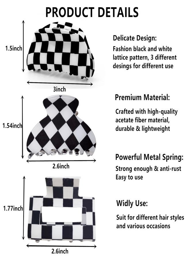 Fsmiling Womens Checkered Hair Clip Medium Checkered Claw Clips Black And White Jaw Clip,3pack - Image 3