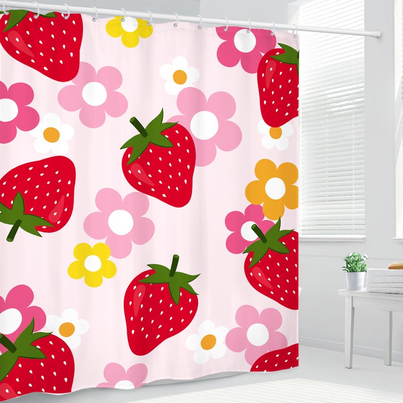 Kalmico Cute Strawberry Fruit Shower Curtain 60Wx72L Inch Girls Flower Floral Y2K Pink Red Bathroom Set Accessories Decor Polyester Waterproof with 12 Pack Hooks - Image 2