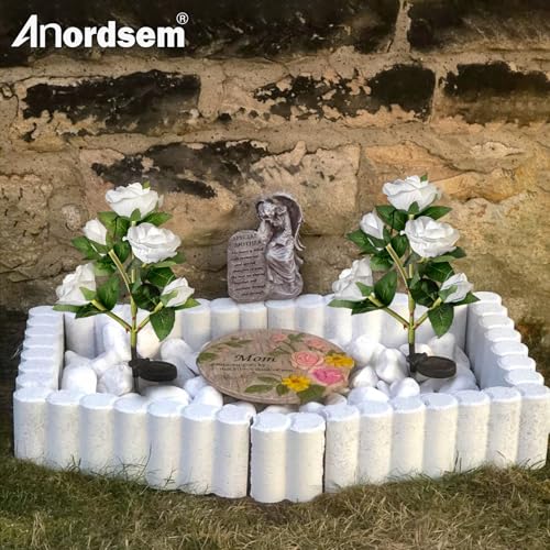 Anordsem Solar Garden Lights Outdoor: 10 Waterproof Fabric Roses Flower 2 Pack - LED White Landscape Lighting for Yard Cemetery Decorative - Christmas Gifts for Mom Homeowner Over 30 - Image 5