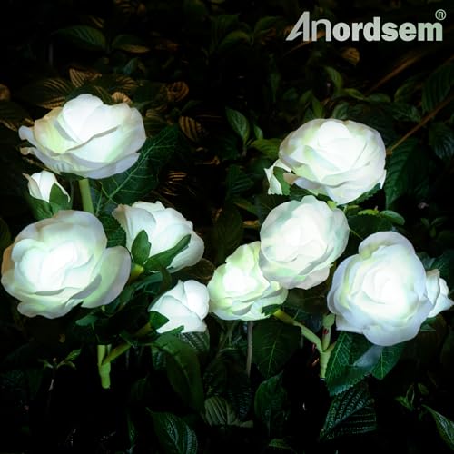 Anordsem Solar Garden Lights Outdoor: 10 Waterproof Fabric Roses Flower 2 Pack - LED White Landscape Lighting for Yard Cemetery Decorative - Christmas Gifts for Mom Homeowner Over 30 - Image 2
