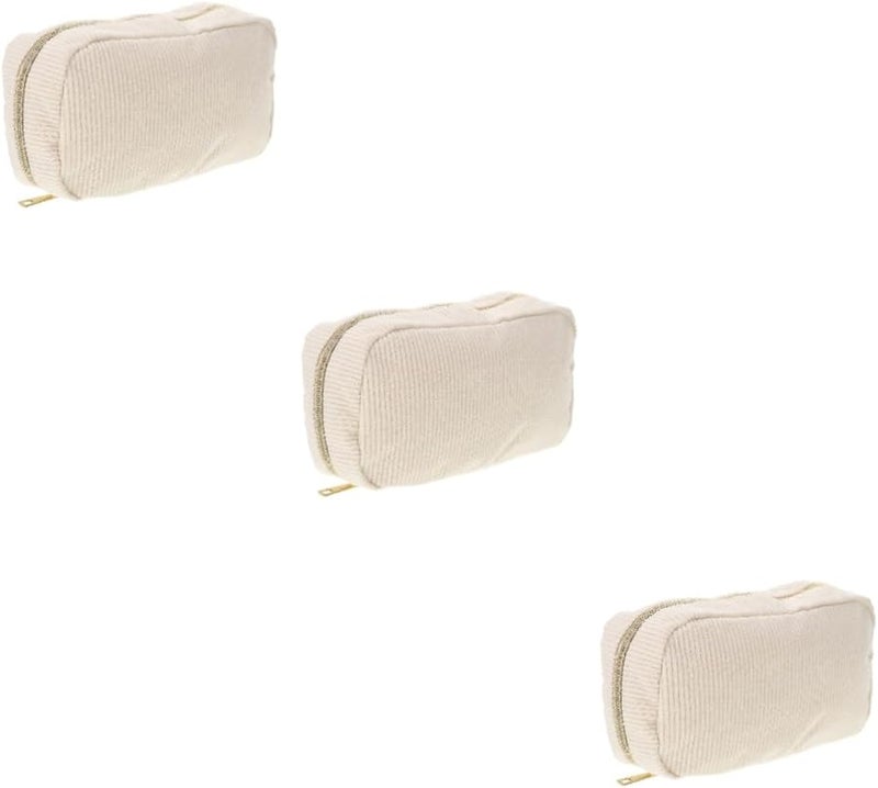 Large Capacity Corduroy Makeup Pouch Set 3 Pcs Beige 21x11x6cm Travel Organizer - Image 1