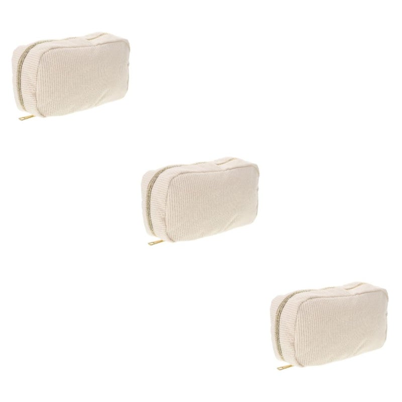 Large Capacity Corduroy Makeup Pouch Set 3 Pcs Beige 21x11x6cm Travel Organizer - Image 2