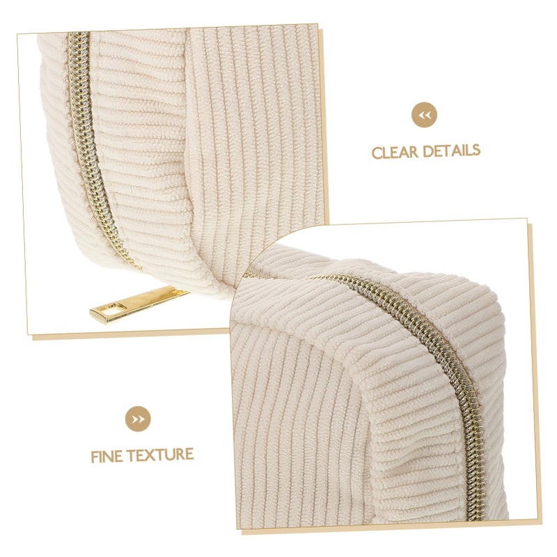 Large Capacity Corduroy Makeup Pouch Set 3 Pcs Beige 21x11x6cm Travel Organizer - Image 4