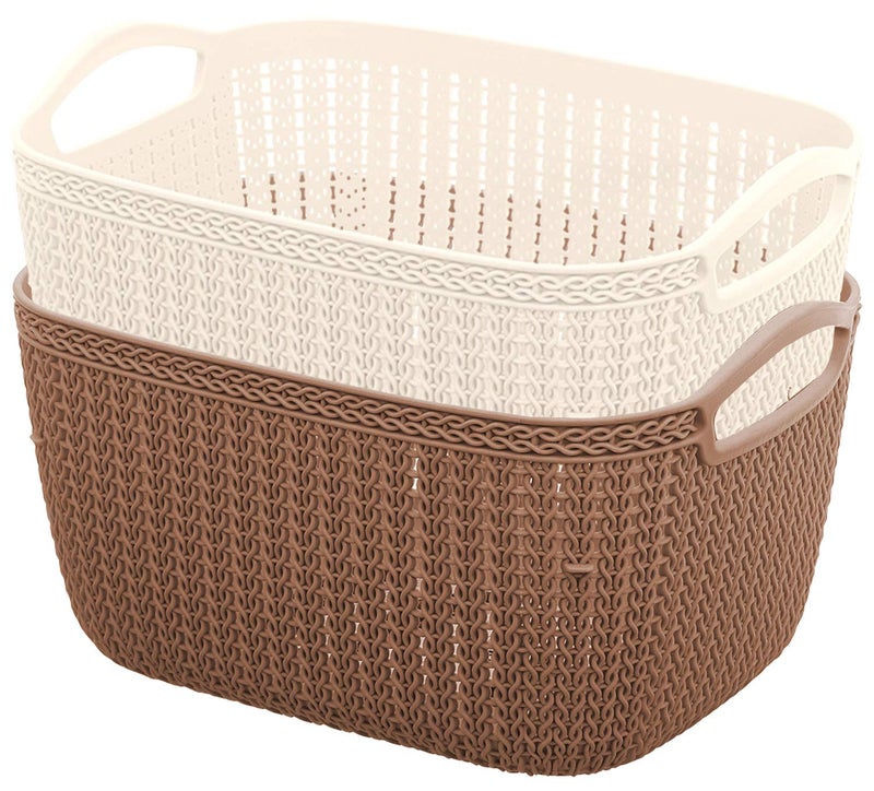 Kuber Industries Kuber Industries Plastic 2 Pieces Multipurpose Large Size Flexible Storage Baskets/Fruit Vegetable Bathroom Stationary Home Basket with Handles (Brown & Cream) -CTKTC42926  - Image 1